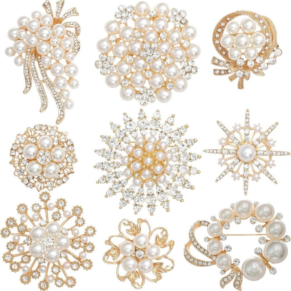 9 Pack Gold Crystal Rhinestone Flower Brooch Set for Wedding Party Crafts